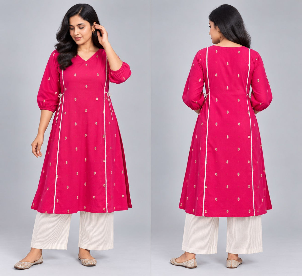 Rani Pink Booti-Print A-Line Kurta with Striped Palazzo Set