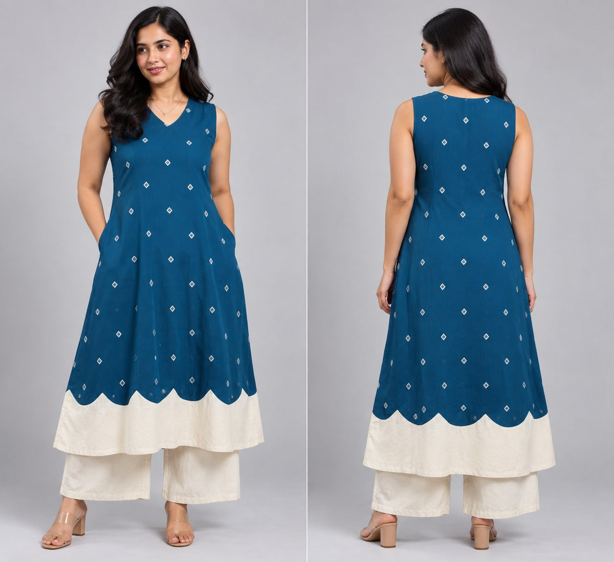 Peacock Blue Diamond-Print Scalloped Kurta with Off-White Palazzo Set