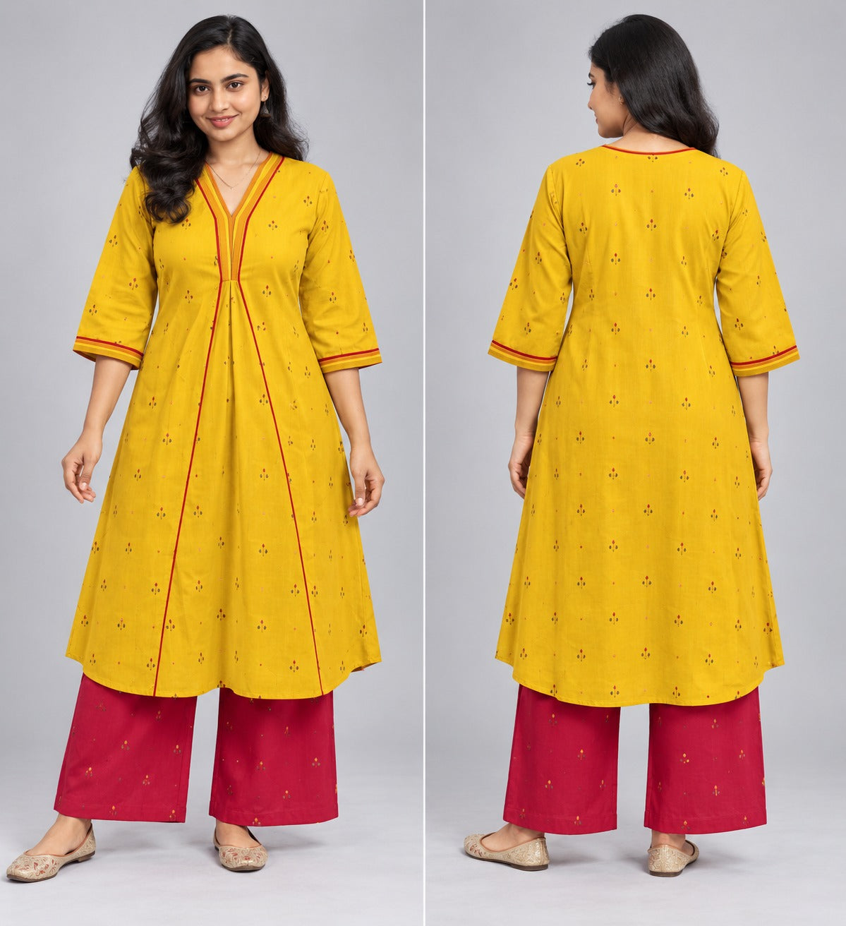 Yellow Booti-Print Kurta with Red Piping &amp; Contrast Palazzo Set