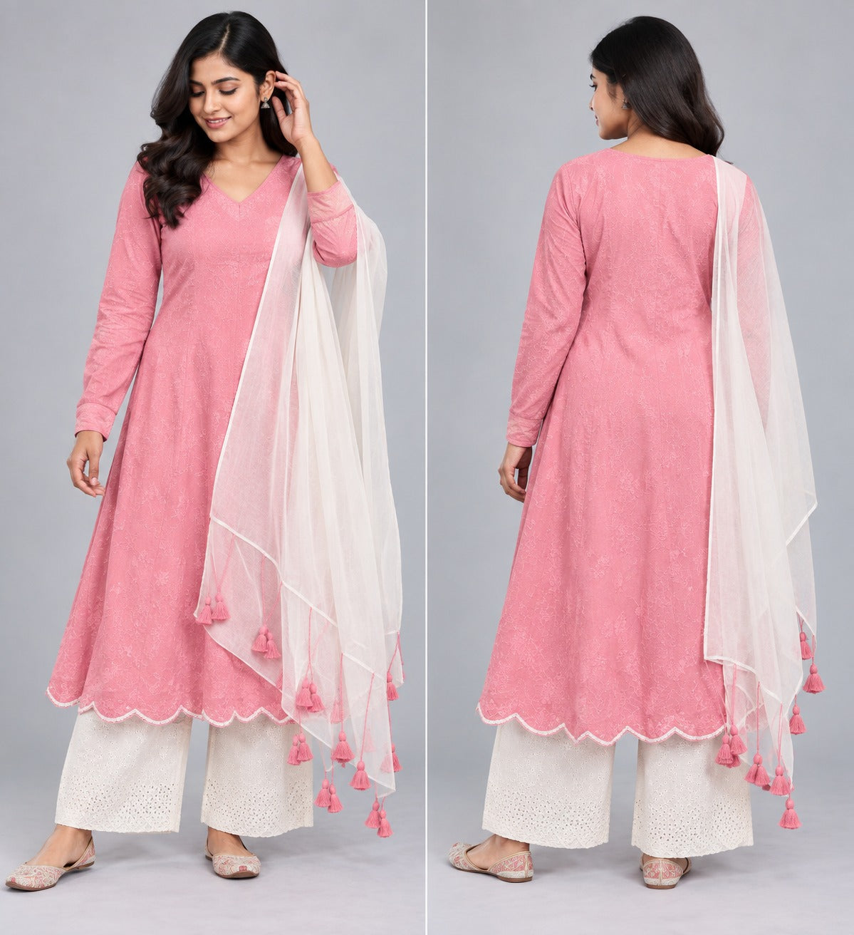 Dusty Pink Chikankari-Style Kurta with Scalloped Hem, Ivory Schiffli Palazzo &amp; Tasseled Dupatta Set