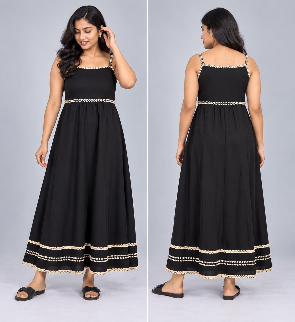 Black Maxi Dress with Gold Lace Trim &amp; Empire Waist