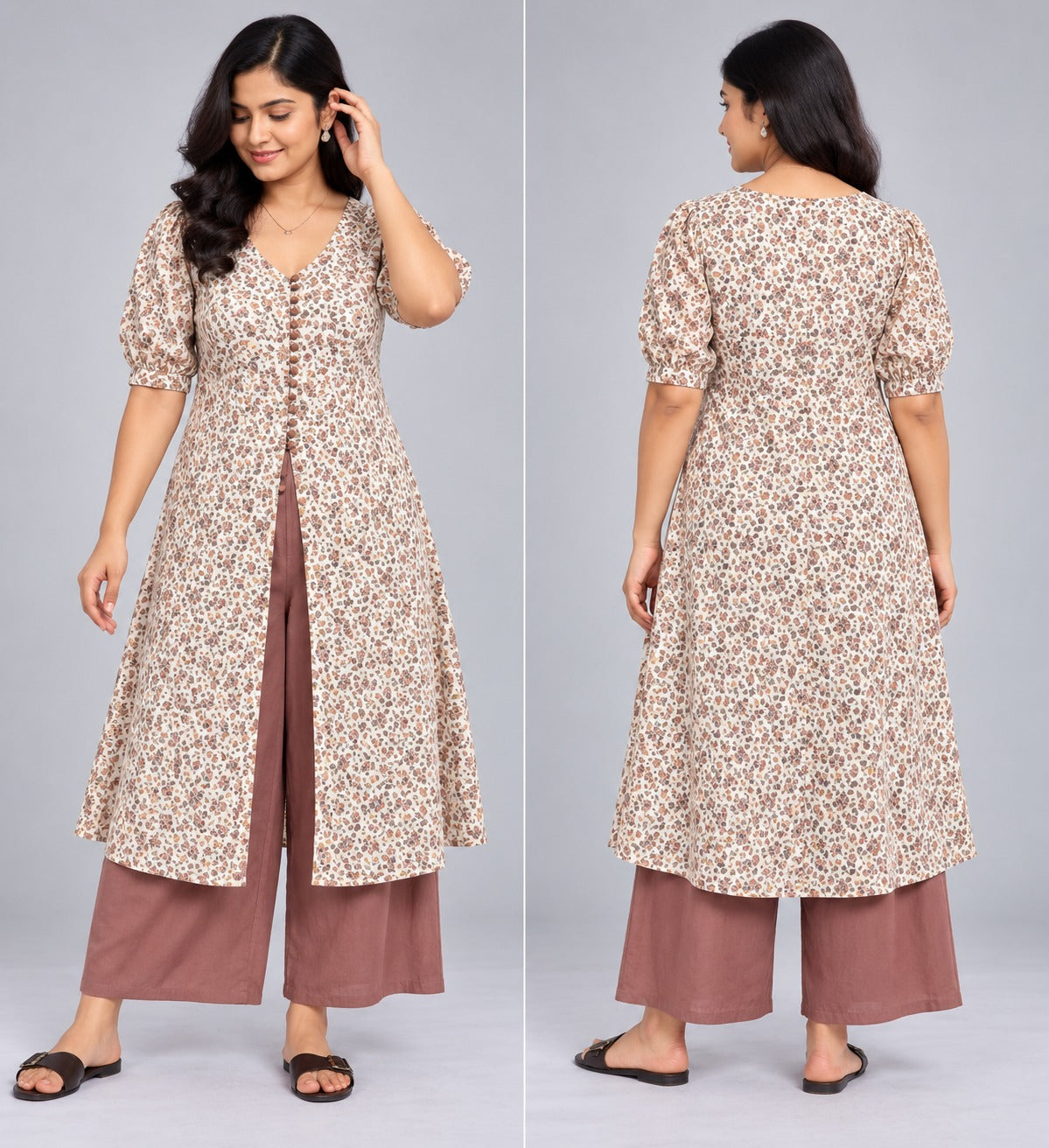 Beige Floral Print Front-Open Kurta with Puff Sleeves &amp; Mauve Palazzo Set