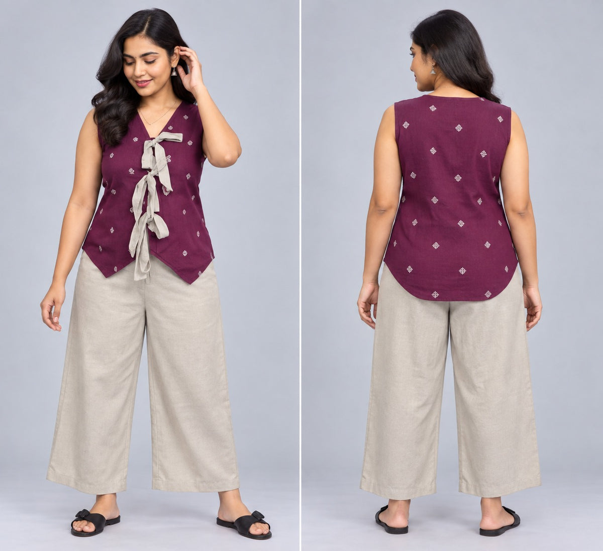 Wine Maroon Printed Tie-Front Top with Beige Palazzo Set