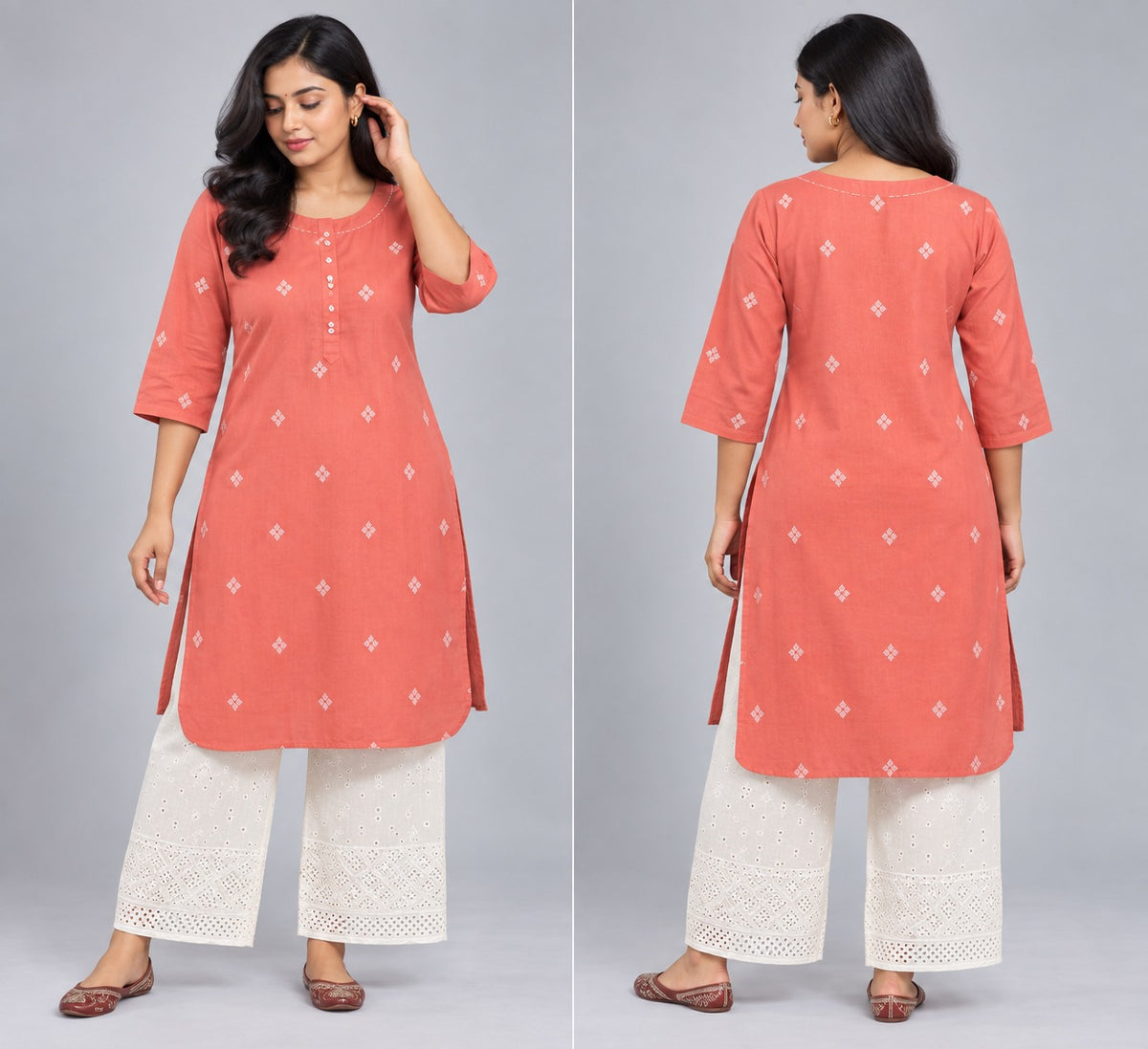 Terracotta Rust Printed Straight Kurta with Chikankari-Style Palazzo Set