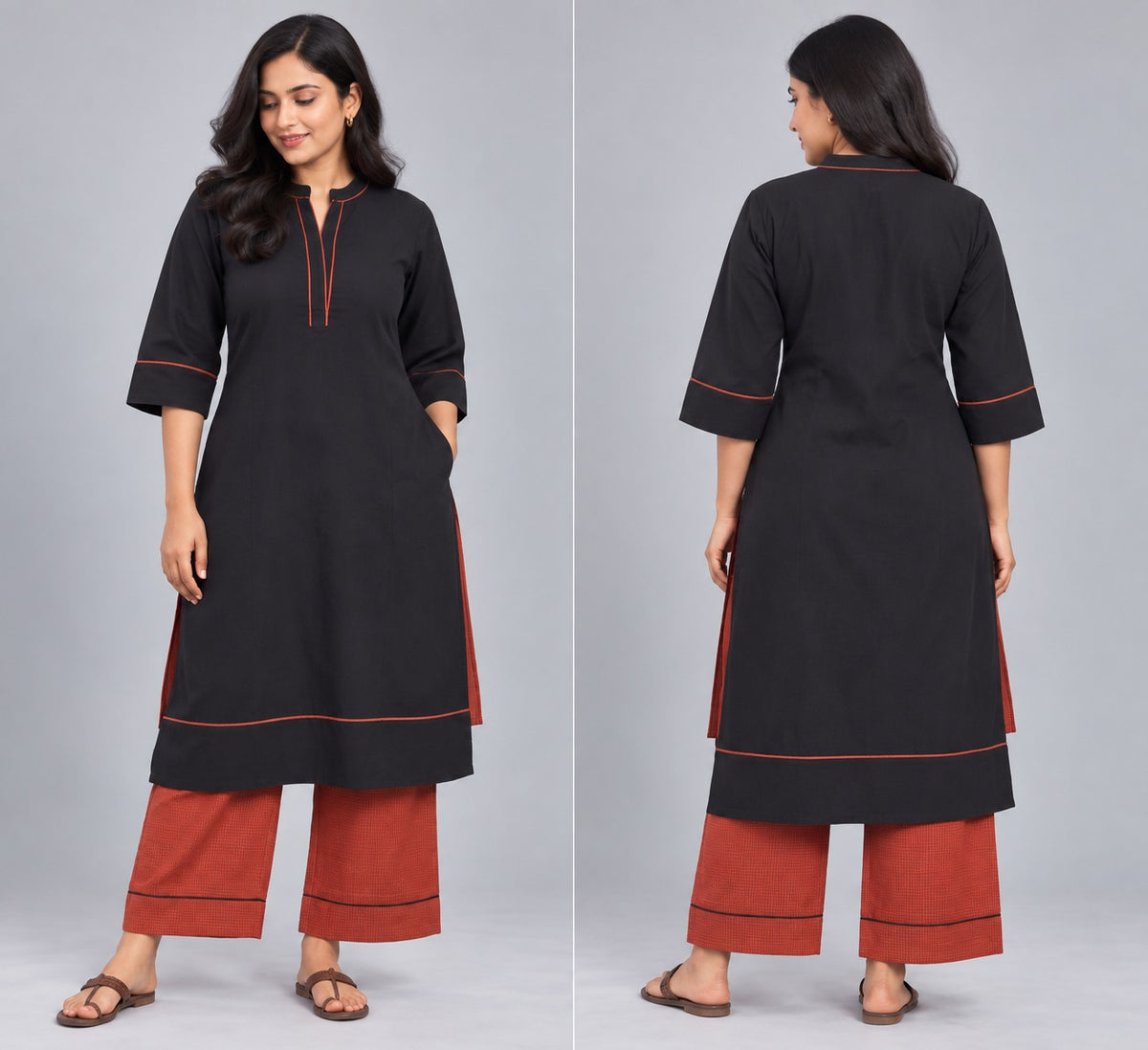 Classic Black Kurta with Rust Contrast Piping &amp; Checkered Palazzo Set