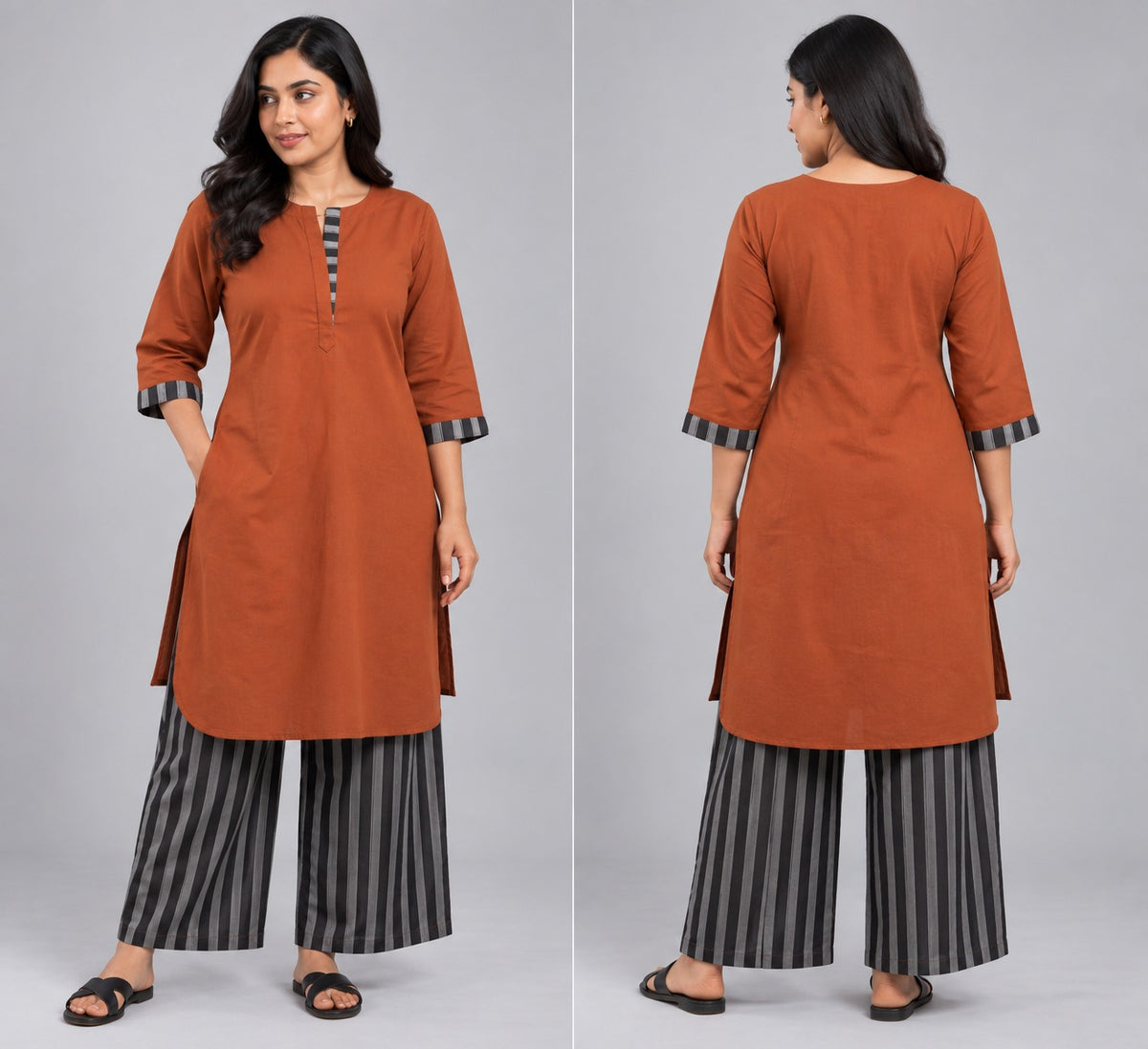 Rust Orange Solid Kurta with Striped Contrast Palazzo Set