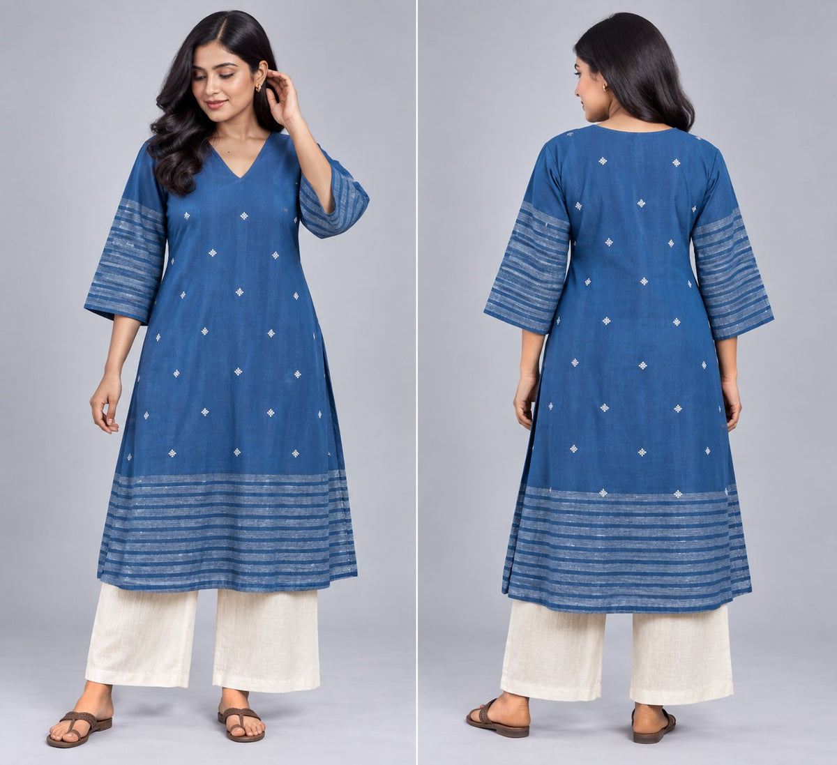Indigo Blue Booti-Print Kurta with Woven Stripe Border &amp; Off-White Palazzo Set