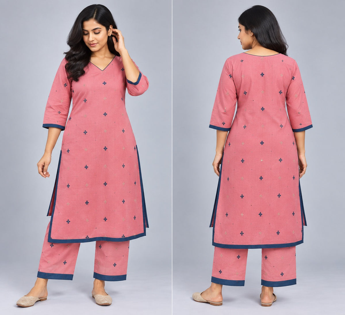 Rose Pink Booti-Print Kurta with Navy Border &amp; Matching Pants Set