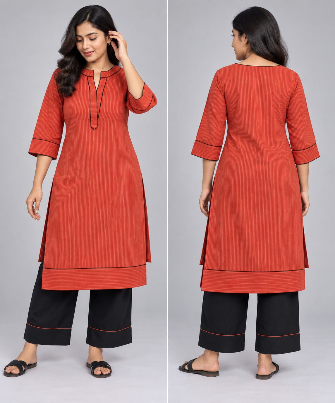 Rust Red Pinstripe Kurta with Black Contrast Piping &amp; Palazzo Set
