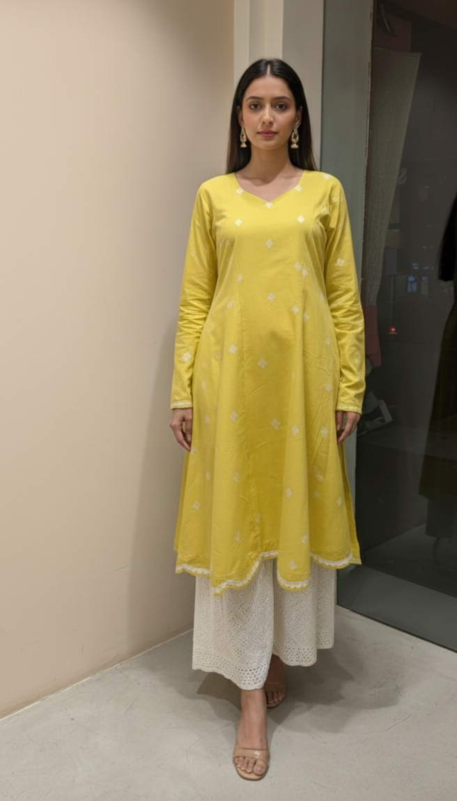 Yellow lime cotton kurta set