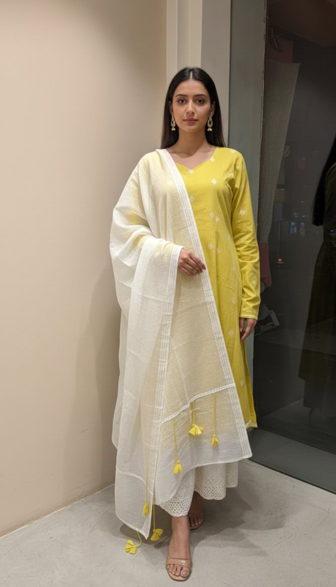 Yellow lime cotton kurta set