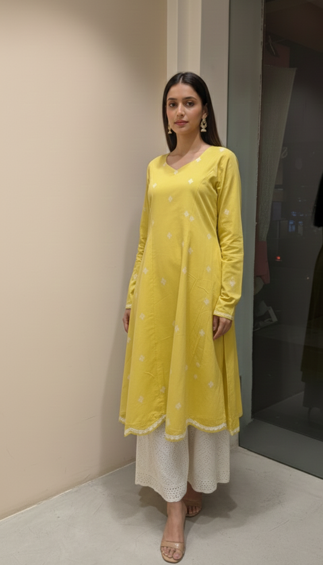 Yellow lime cotton kurta set