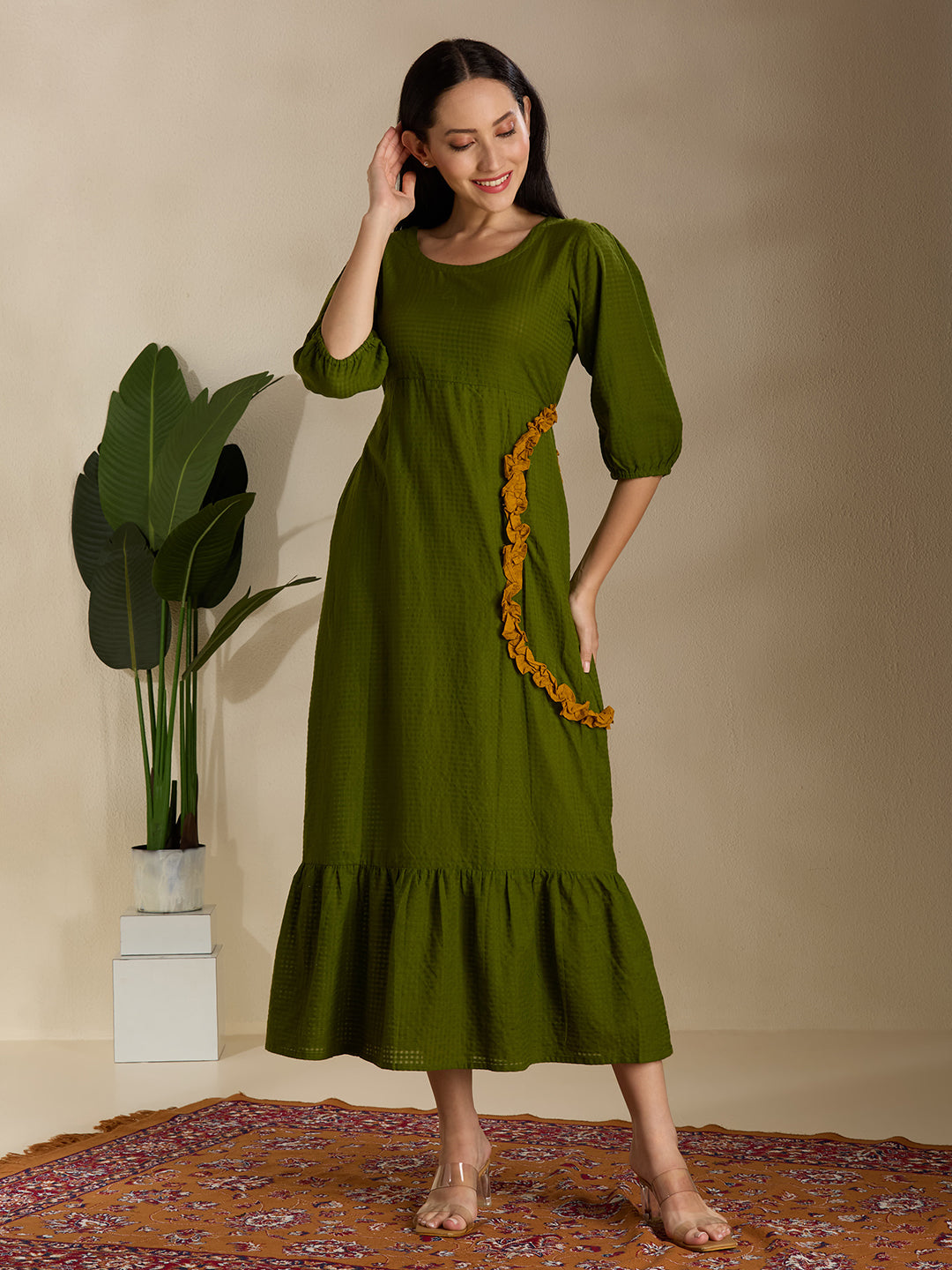 Olive green ruffel midi dress