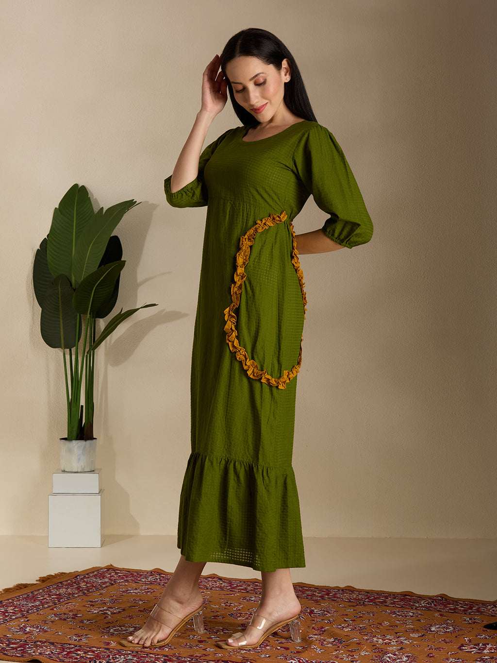 Olive green ruffel midi dress