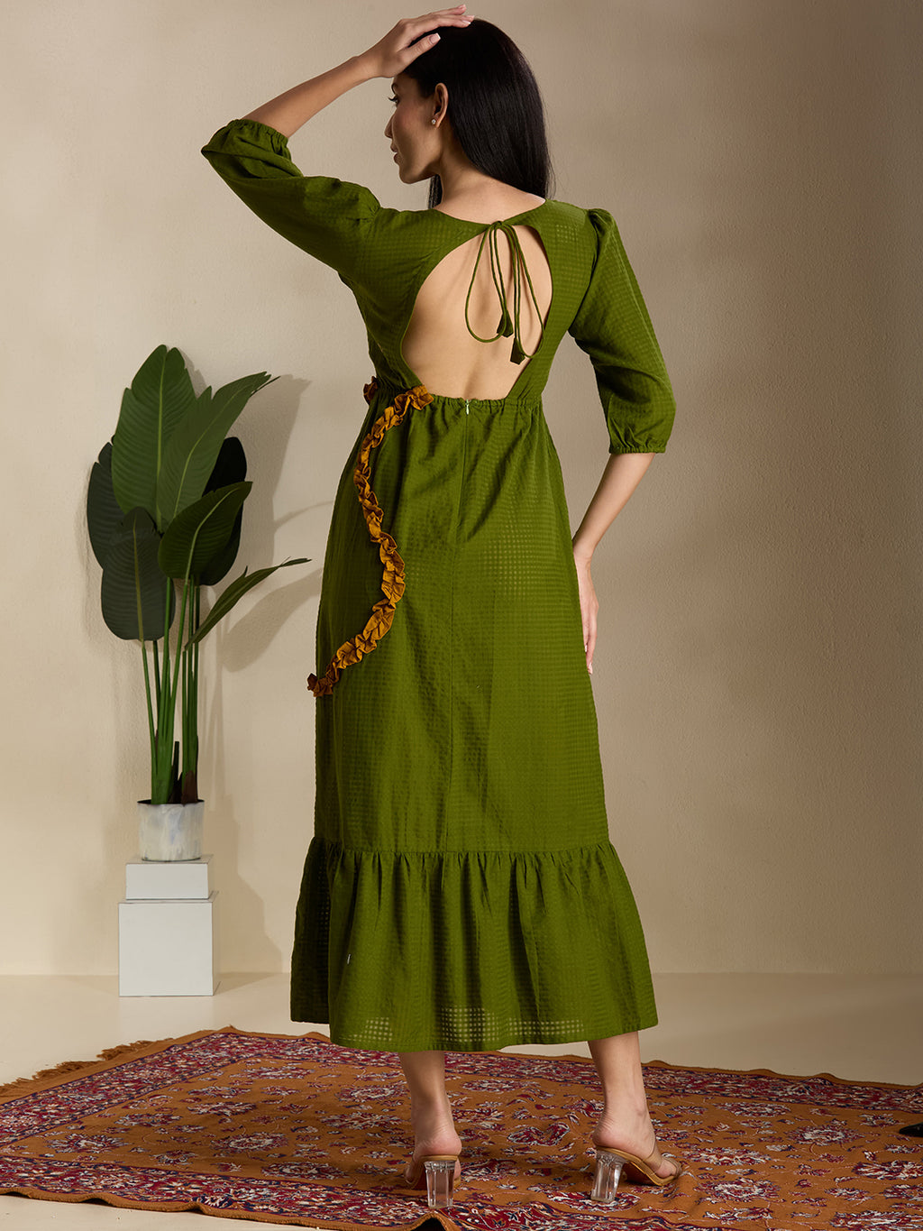 Olive green ruffel midi dress