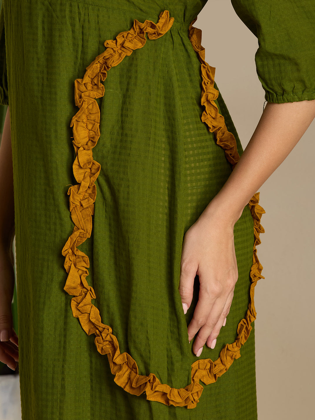 Olive green ruffel midi dress